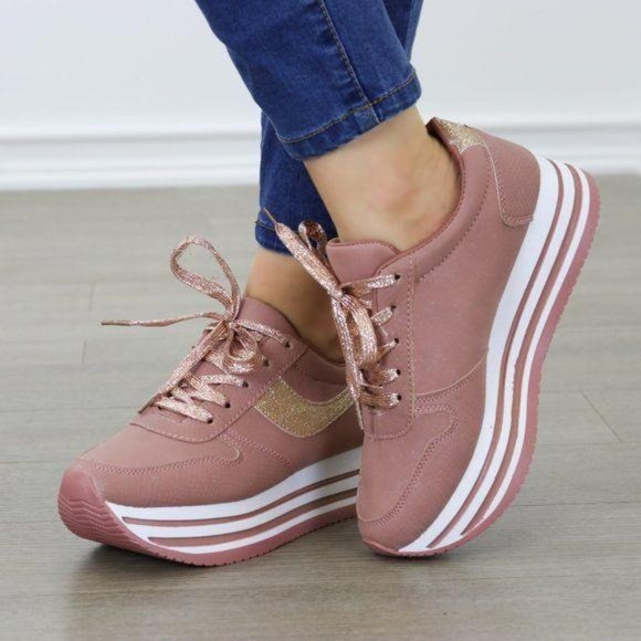 Glittery Pink & White Chunky Platform Sneakers - Picture 7 of 8